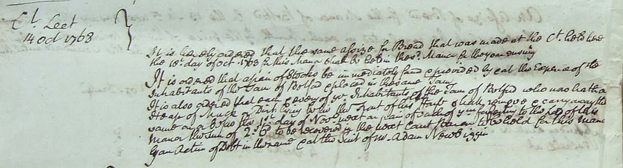 Extract from Belford Court Leet 1768 showing purchase of stocks and punishment for those leaving muck heaps in the street